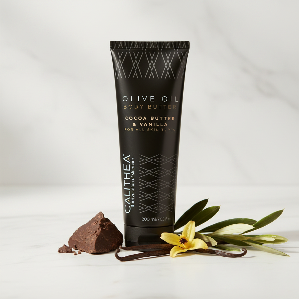 CALITHEA OLIVE OIL BODY BUTTER WITH COCOA BUTTER AND VANILLA: 96.8% NATURAL CONTENT